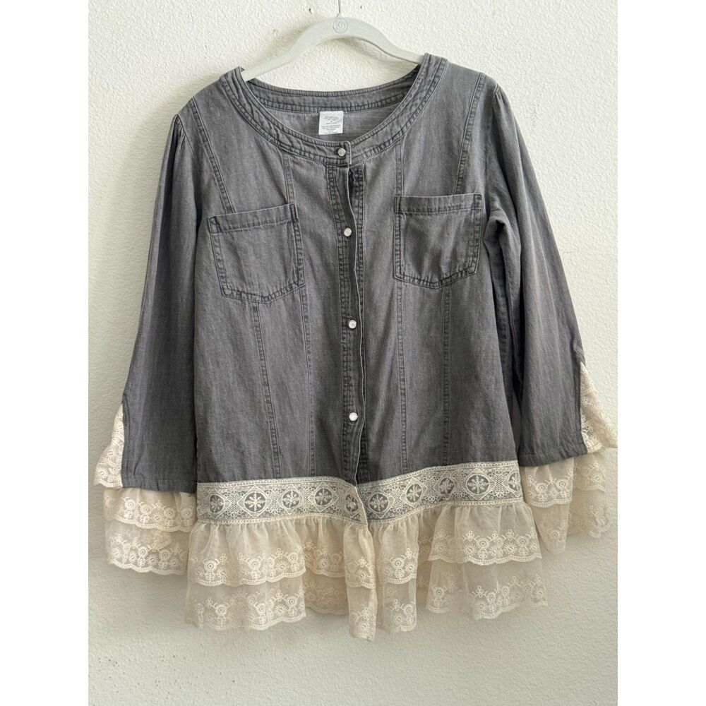 Gray Chambray Womens Small Lace Ruffle Victorian Trim Cottagecore Snap Front
